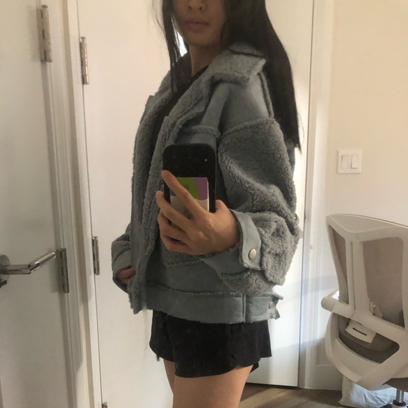 F21 patched grey/blue fur jacket - Picture 2 of 5